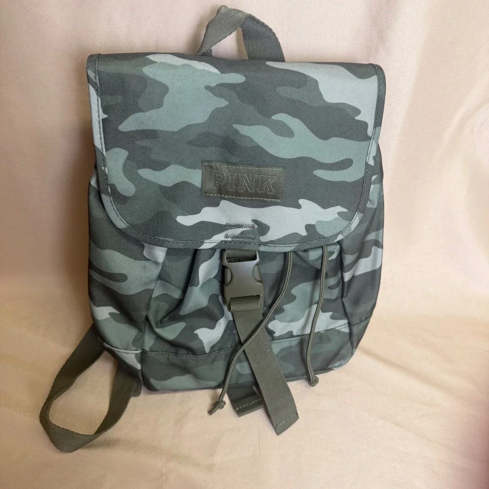 Victoria's Secret PINK Mini Backpack Green Camo Canvas Drawstring Buckle Bag